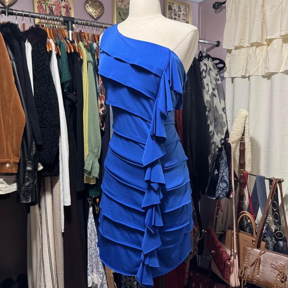 Blue One Shoulder Ruffle Mini Party Dress - Picture 2 of 5